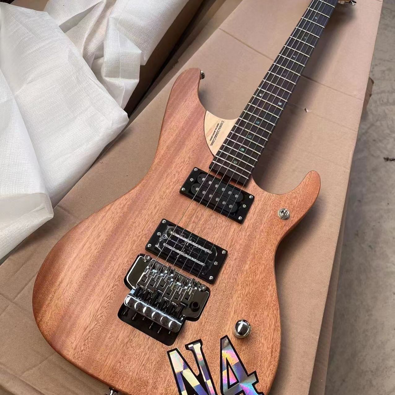 Electric Guitar Natural Wood HSH Pickup Floyd R Tremolo Abalone Inlay