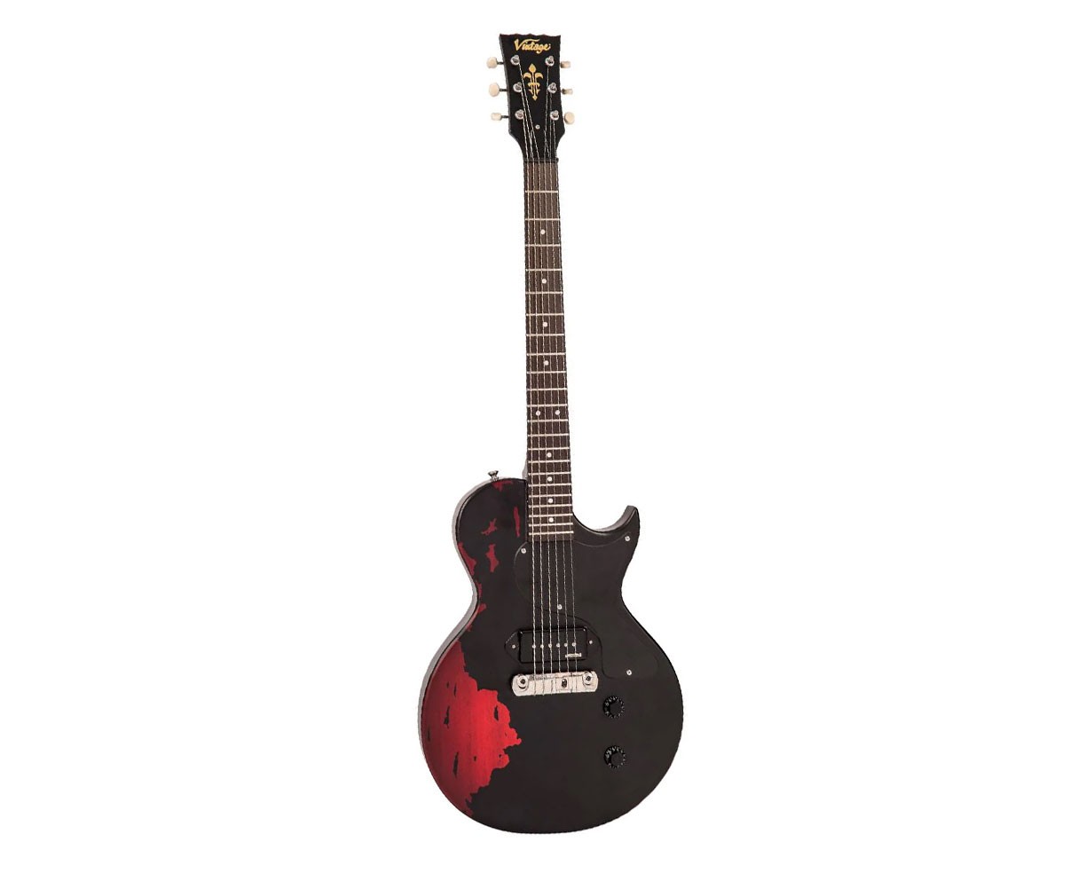 Vintage Icon Series V12 Distressed Single P90 – Black over Cherry Red