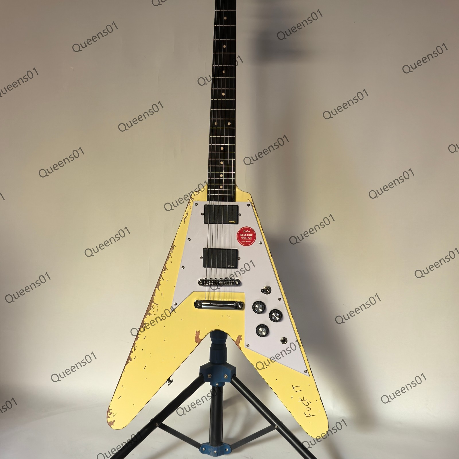 Aged V Shaped Electric Guitar Stainless Steel Rounded Frets Solid Cream US Ship