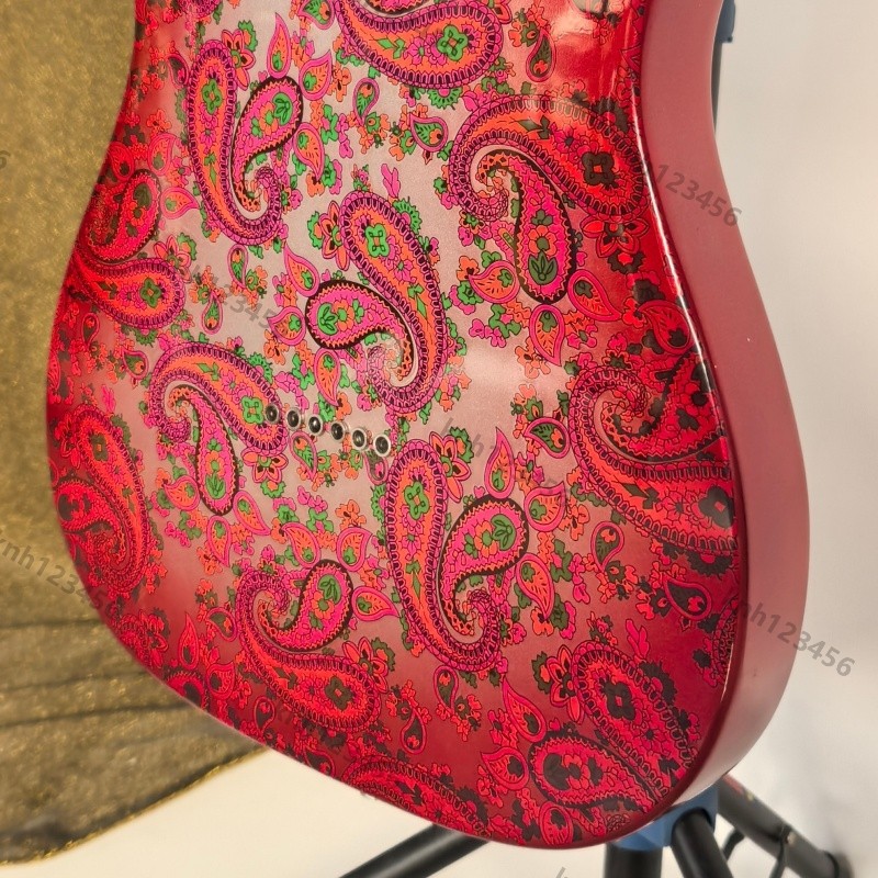 Solid Body Electric Guitar Stainless Rounded Fret Edge Red Paisley No Logo
