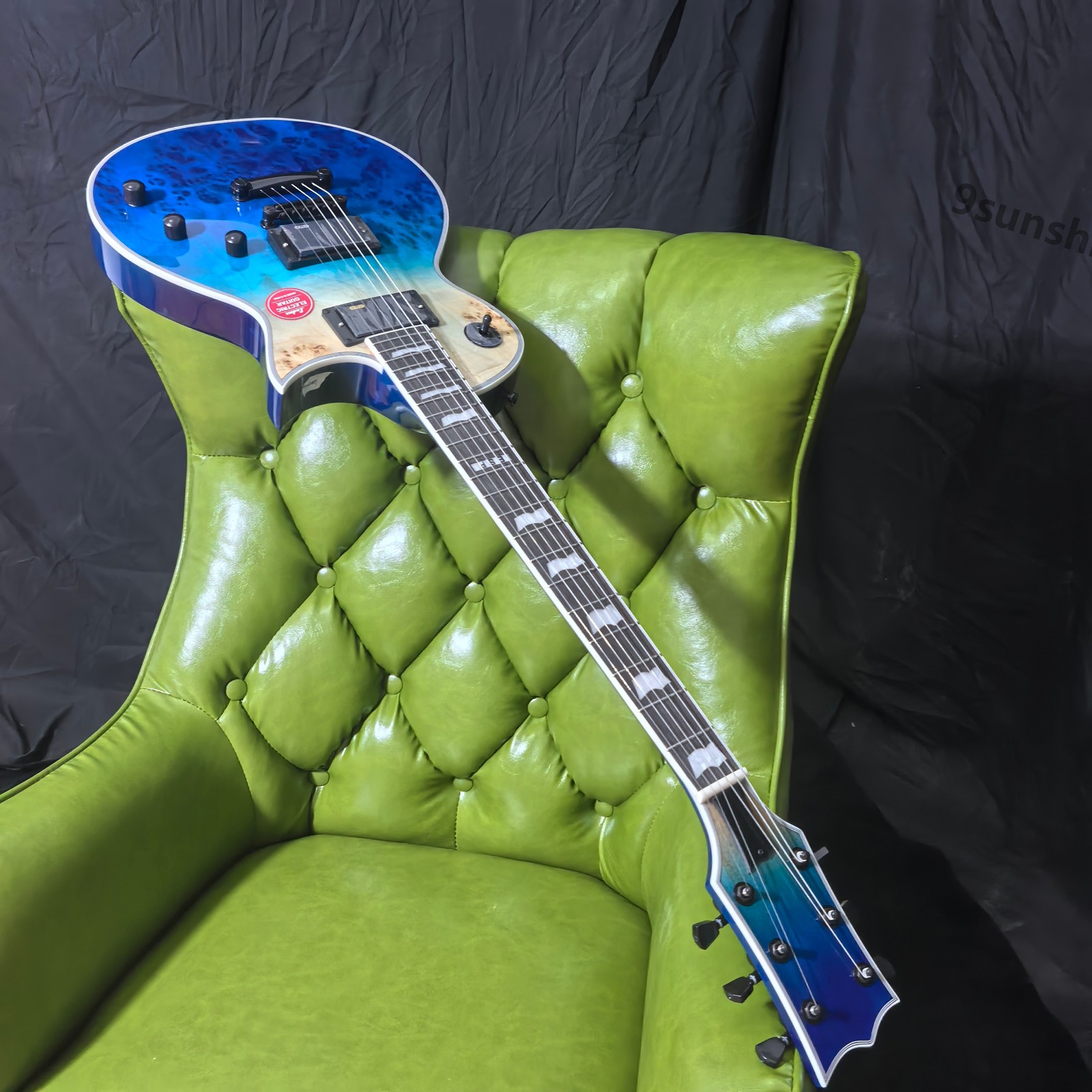 Unbrand Blue Burl Top Electric Guitar Rounded fret Edge Bone Nut Mahogany Body
