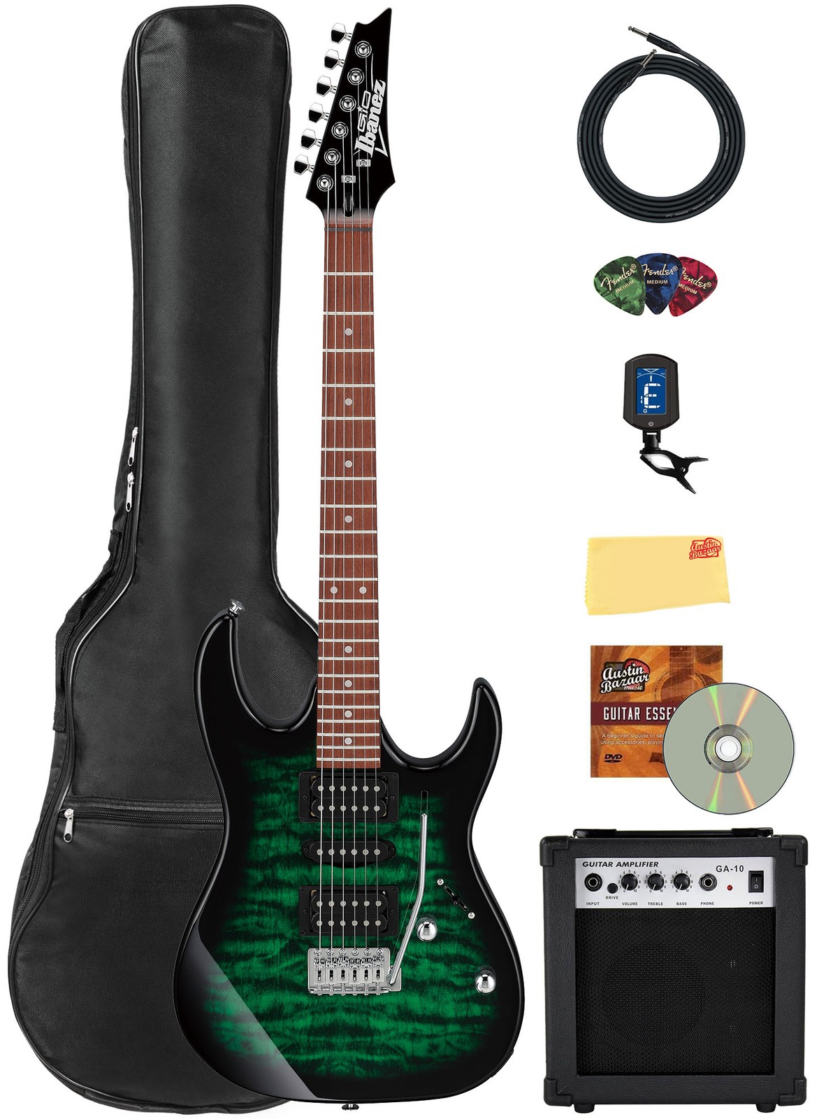 Ibanez GRX70QA RG Gio Electric Guitar – Transparent Emerald Burst w/ Amplifier