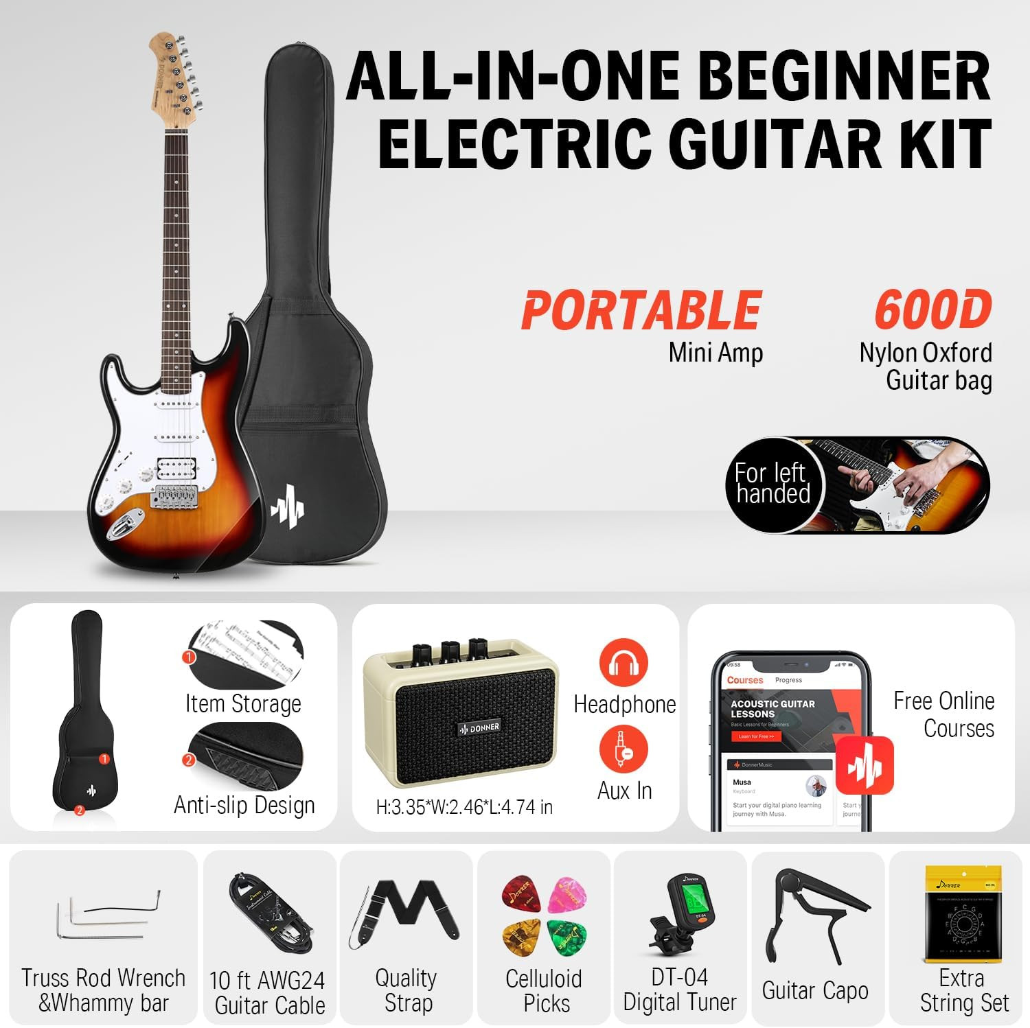 39 Inch Left-Handed Electric Guitar Kit Solid Body Sunburst Lefty Beginner Set F