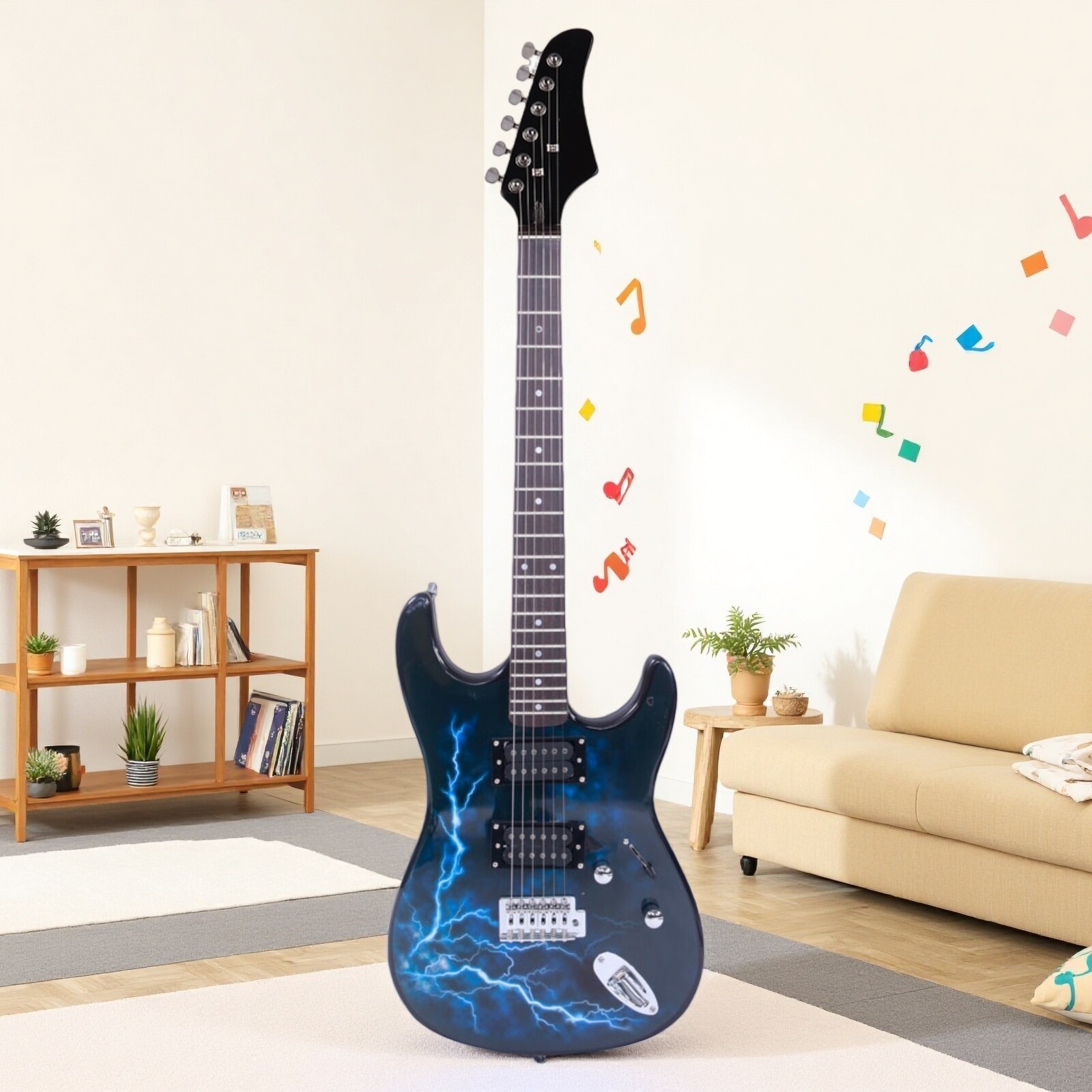 Stylish Black H-H Pickups ST-E Electric Guitar Set With Lightning Patterns