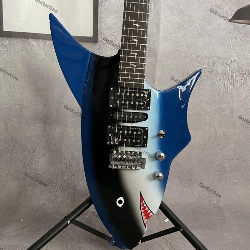 solid body Shark Shape electric guitar H-S-H Pickups blue Tailfin Headstock