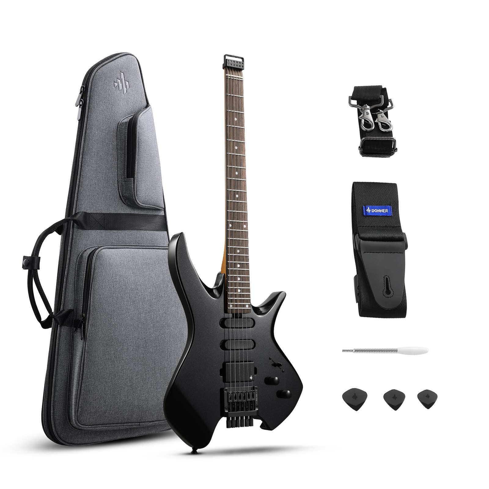 Donner HLX-500 Solid Body Headless Electric Guitar H-S-S Pickups Glossy Black