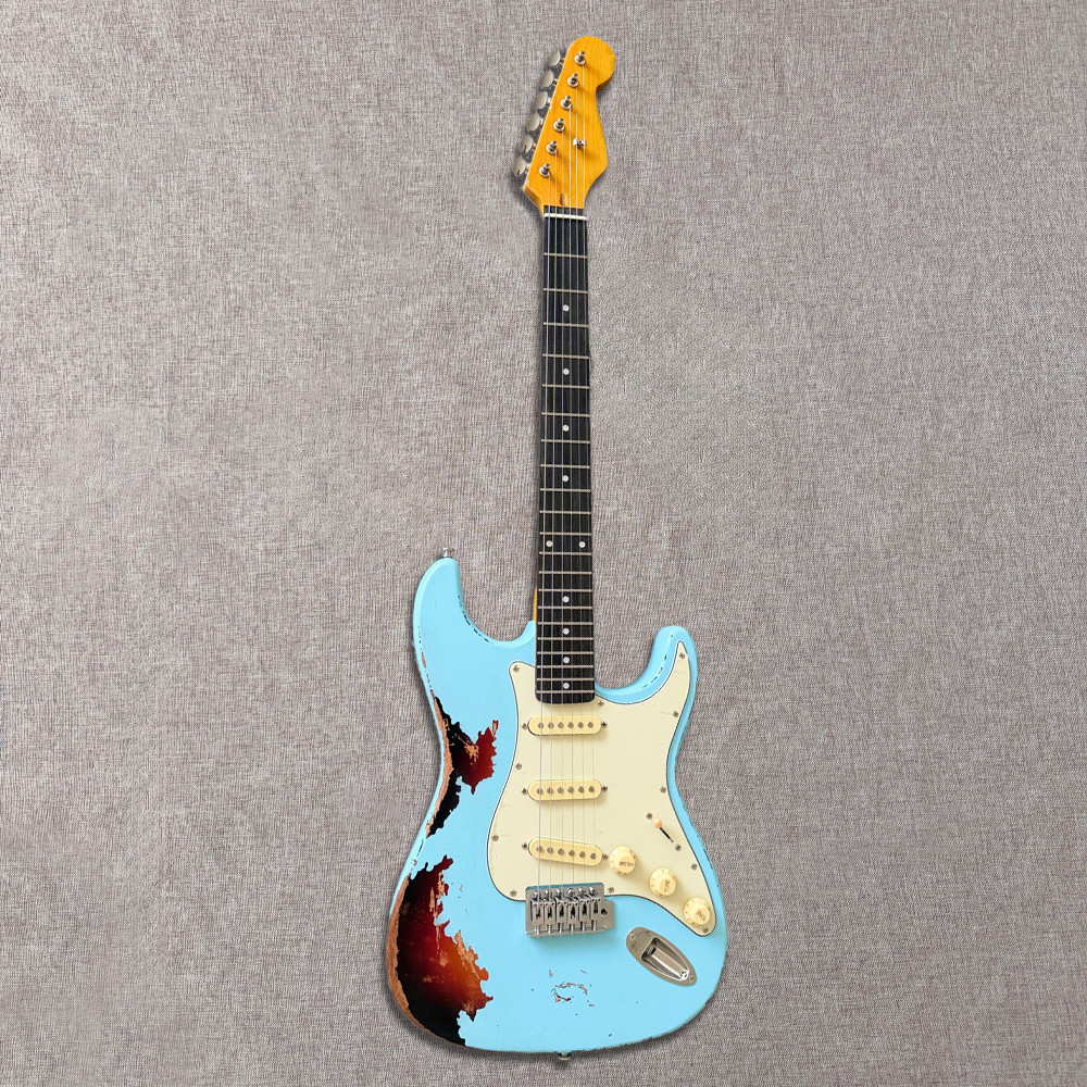 Relic ST Electric Guitar 3 Single Coil Pickups Daphne Blue Over Sunburst Vintage