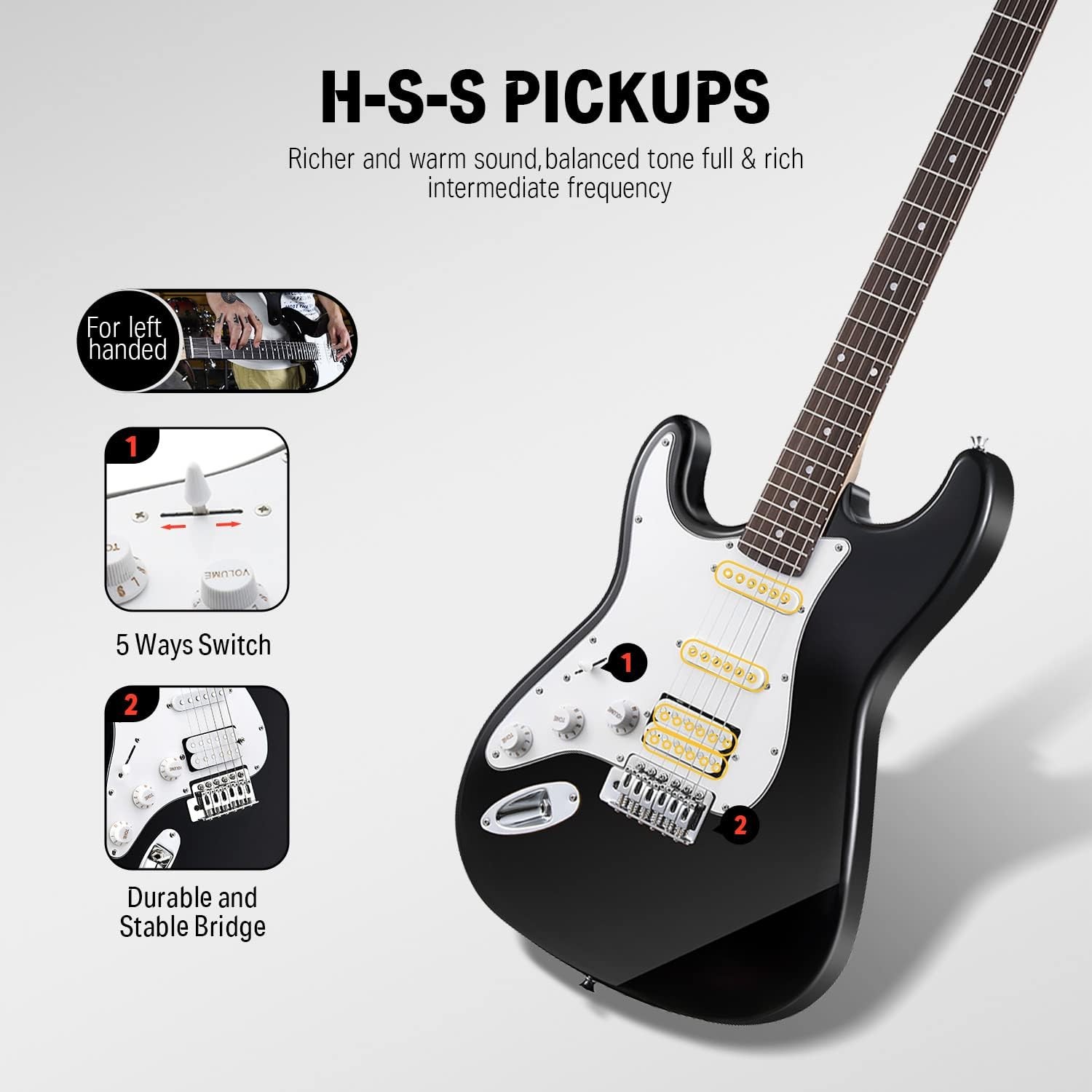Donner DST-100BL Left Hand Electric Guitar Kit 39 Inch Black w/ Amp Beginner Set