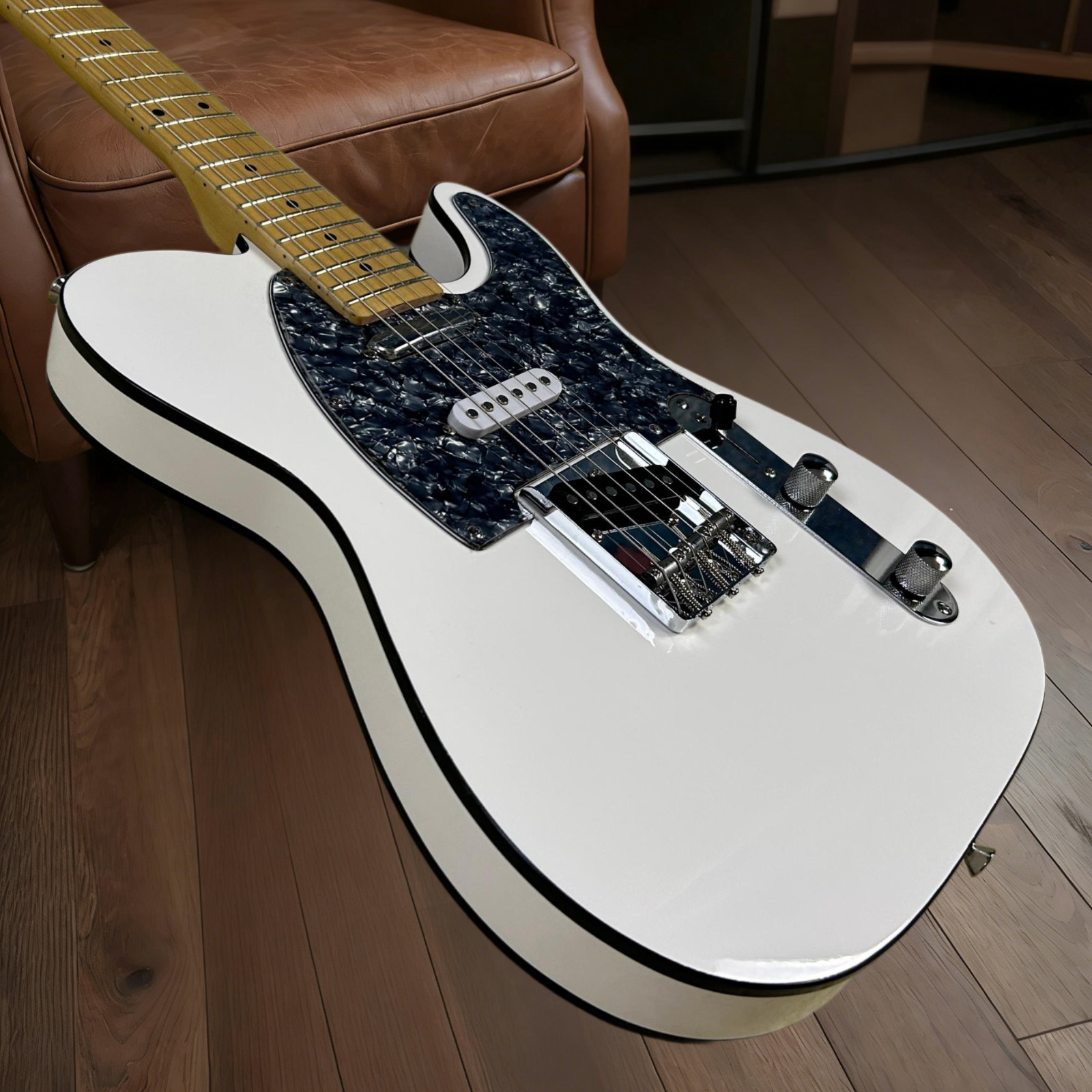 Tele Electric Guitar Black Pearl Pickguard Double Binding White Color
