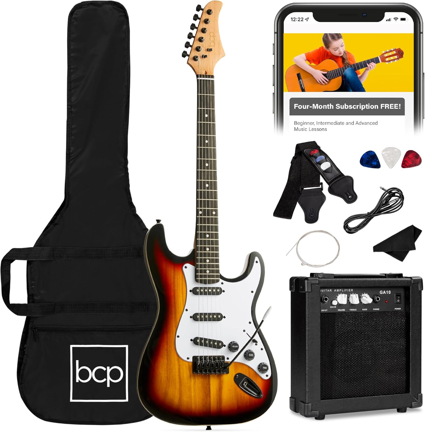 39In Full Size Beginner Electric Guitar Starter Kit W/Case, Strap, 10W Amp, Stri