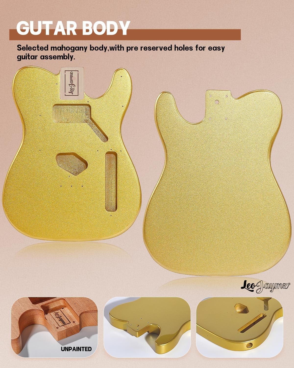DIY Tele Style Electric Guitar Kit GOLD Mahogany Body,Maple Neck, Incl Parts!