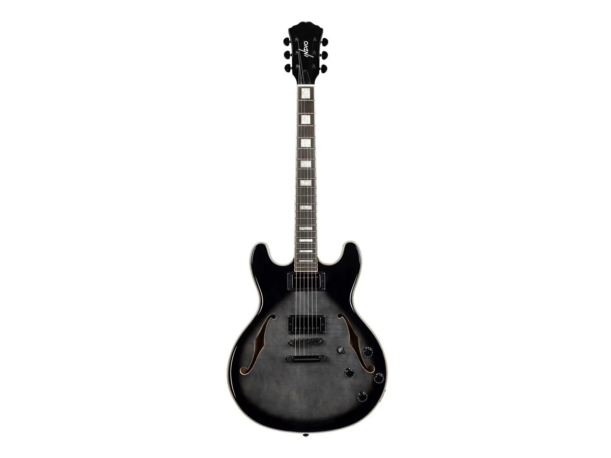 Monoprice Indio Boardwalk Flamed Maple Hollow Body Electric Guitar – Charcoal