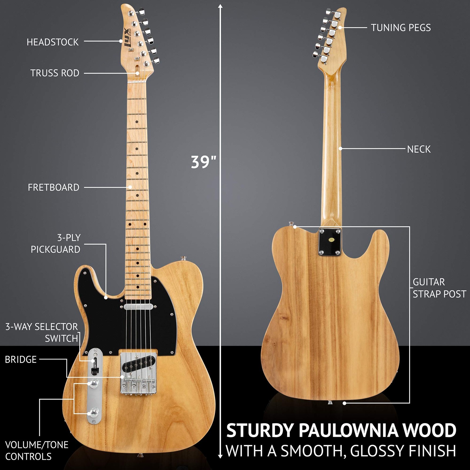 Electric Guitar – Full-Size Paulownia Body, Quality Gear Tuners Neck 3-Ply Left