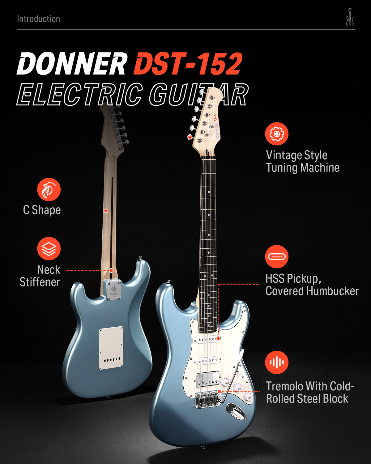 Donner 39″ Electric Guitar HSS Coil Split Ice Blue Metallic Beginner Bundle