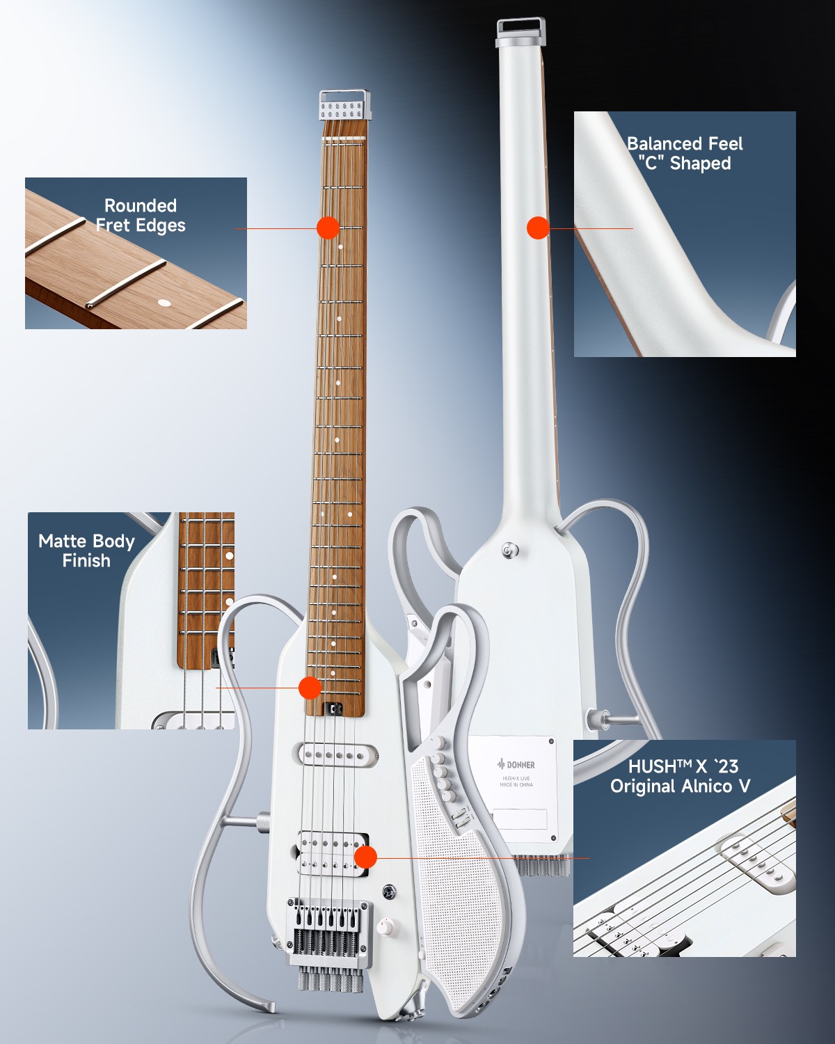 Donner HUSH-X Live Smart Travel Guitar White Headless w/ Speaker & Gig Bag