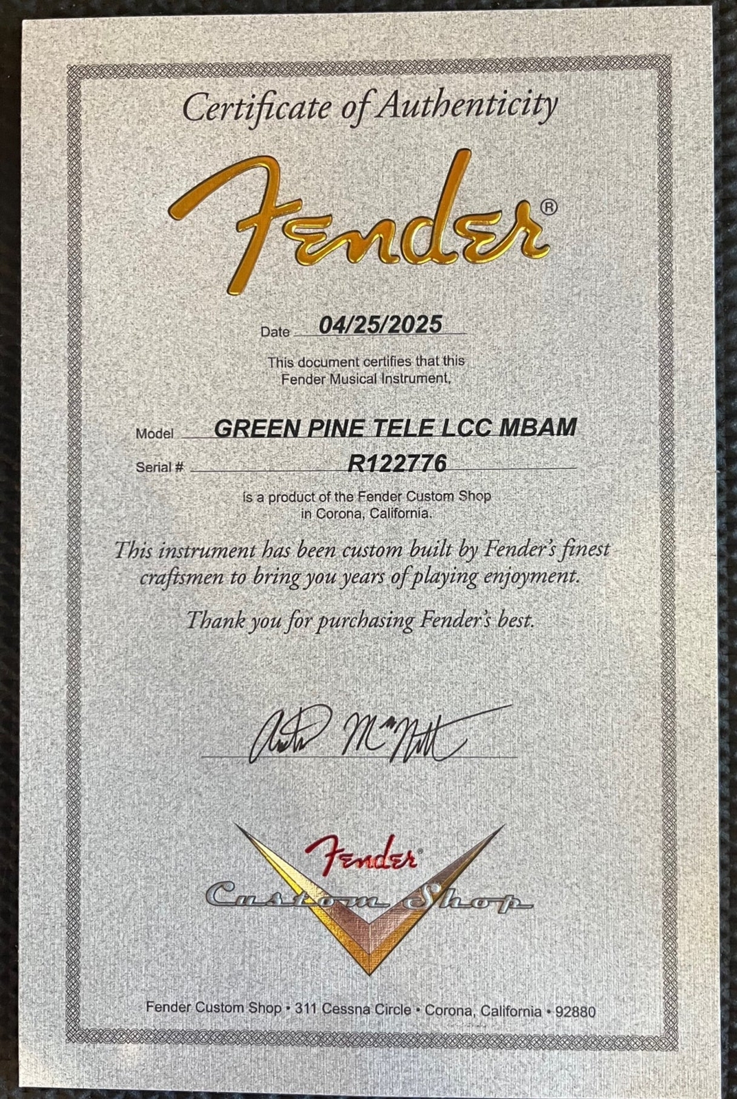 New Fender Masterbuilt Austin MacNutt Green Pine Telecaster Sunset Orange