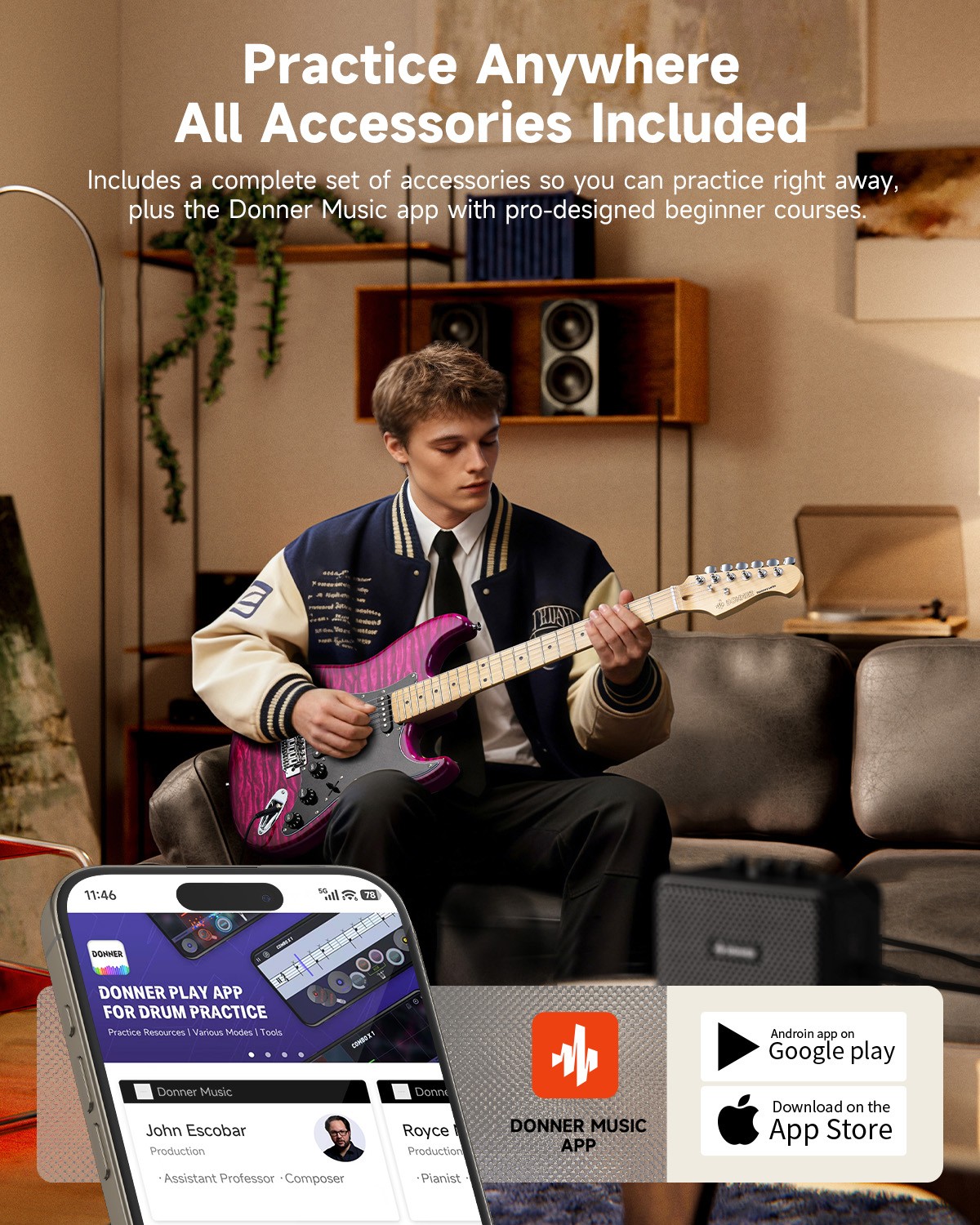 Donner DST-95 Electric Guitar with Amp and Accessories Full-Size Violet Purple