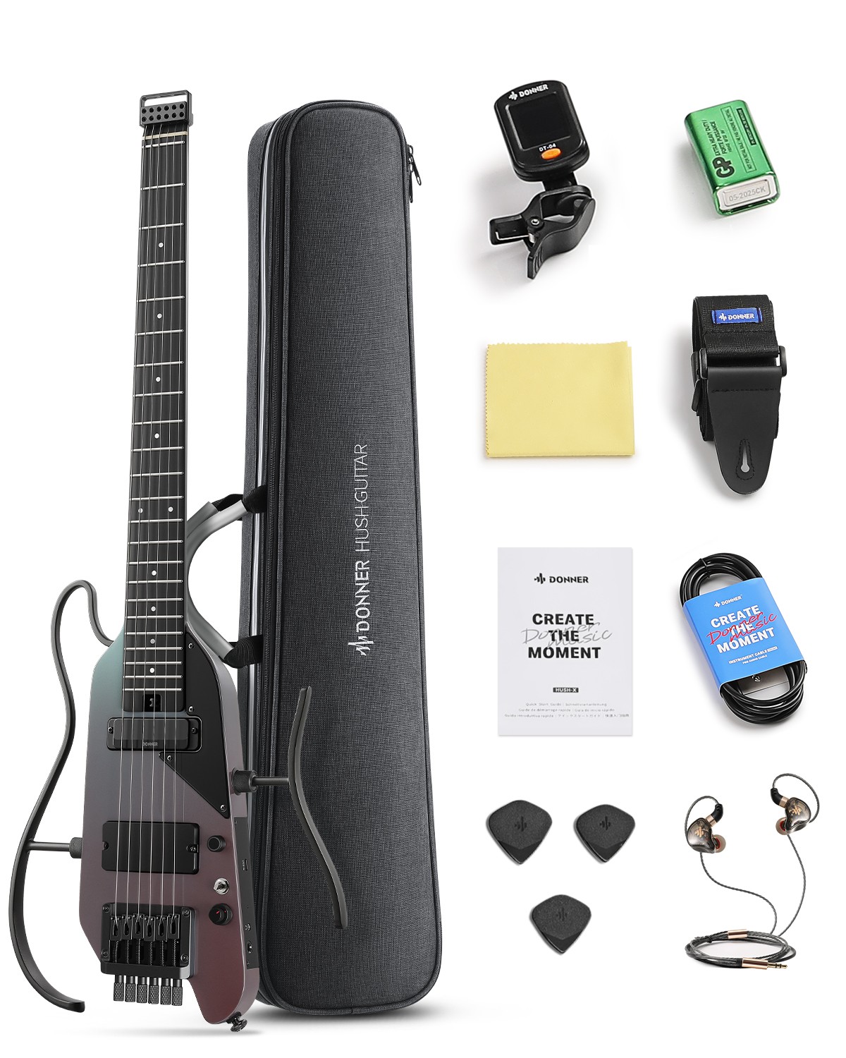 Donner HUSH X PRO Midnight Glow – Smart Travel Guitar with Tone Effects Set