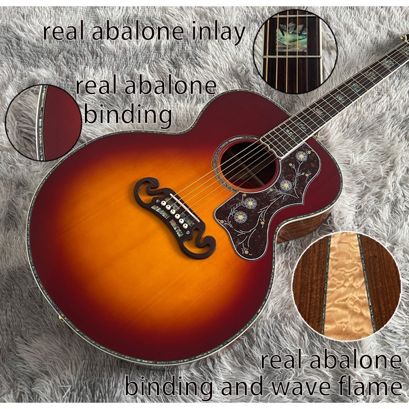 43# SJ200 Giant Acoustic Guitar Red Cedar Solid Top Center Wave Pattern on Back