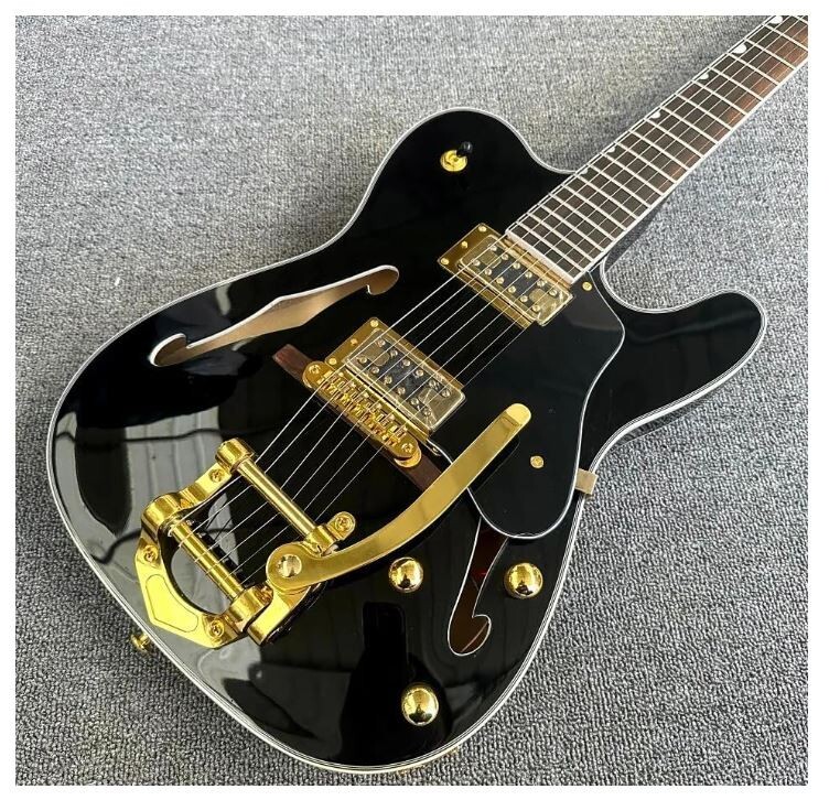 Custom Black TELE Electric Guitar with F-hole and Gold Vibrato System