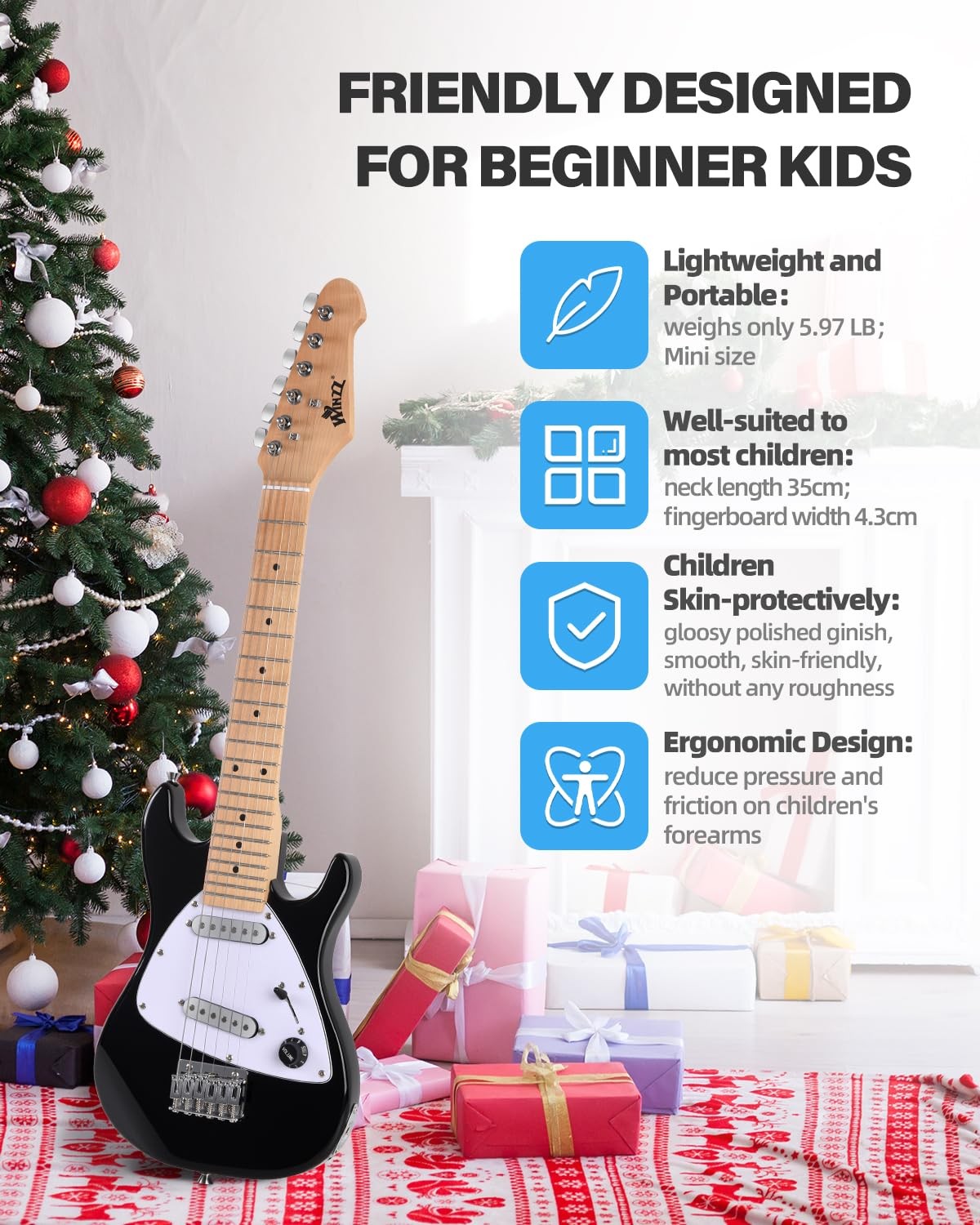 Winzz 30 Inch Kids Electric Guitar Beginner Kit, Junior 1/4 30 inches, black