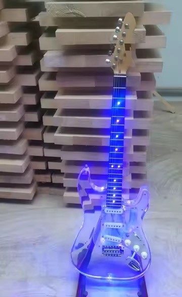 BadAss Clear Acrylic DBL Cut Guitar LED Lighted , Pick up s-s-s w/Accessories