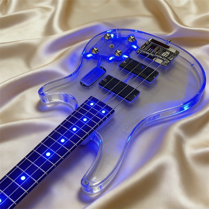 Blue LED Light Electric Bass Guitar Custom 4 String Acrylic Bone Nut H-H Pickups