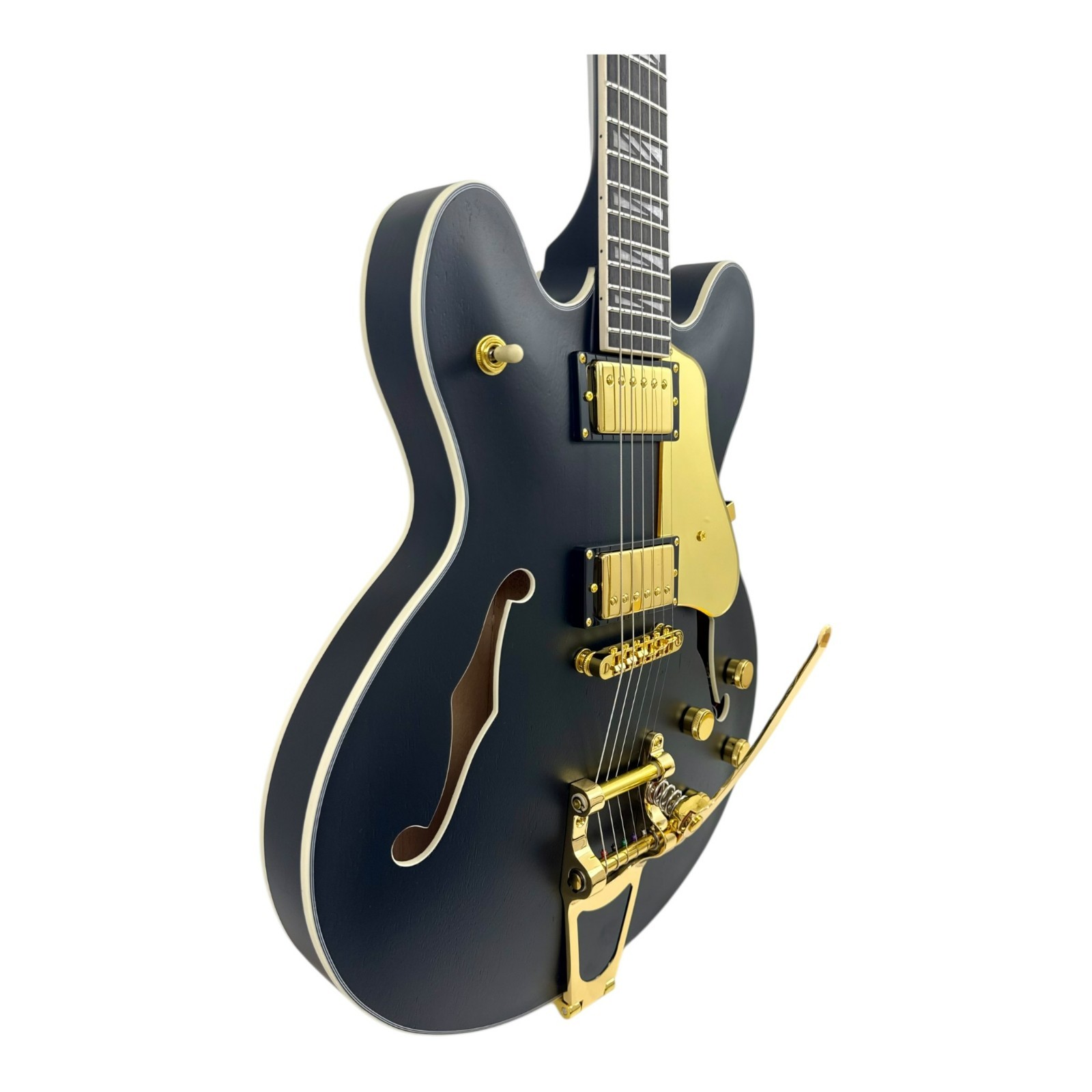 Haze SEG1975BK Nightshade Semi-Hollow Electric Guitar Black Gold w/ Vibrato Bar