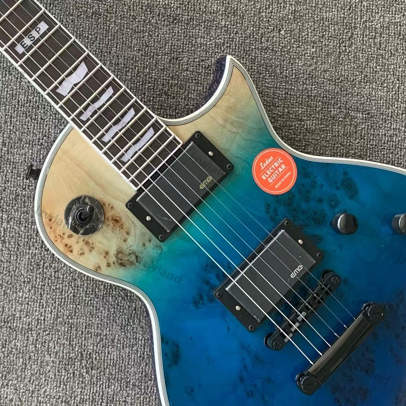 Solid Electric Guitar HH Active Pickups Burl Maple Blue Sunburst Finish Black HW