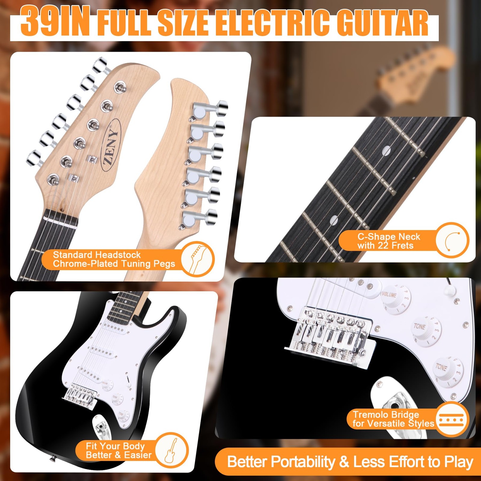 ZENY 39in Full Size Electric Guitar with 10W Amp, Case and 39″, Black