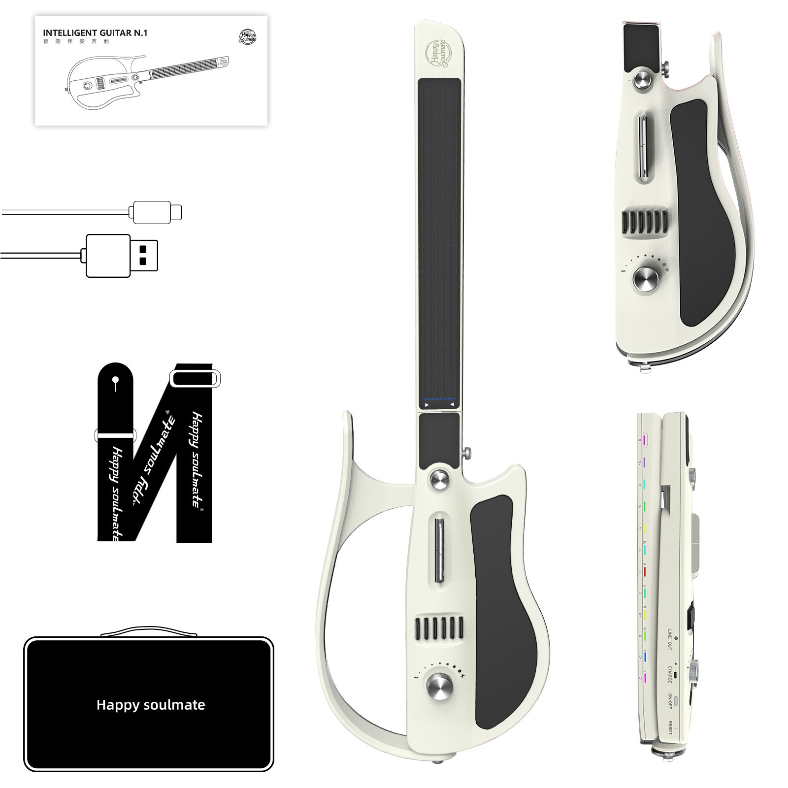 Stringless Smart Guitar, Foldable Travel Guitar with Chords & Drum Machine White