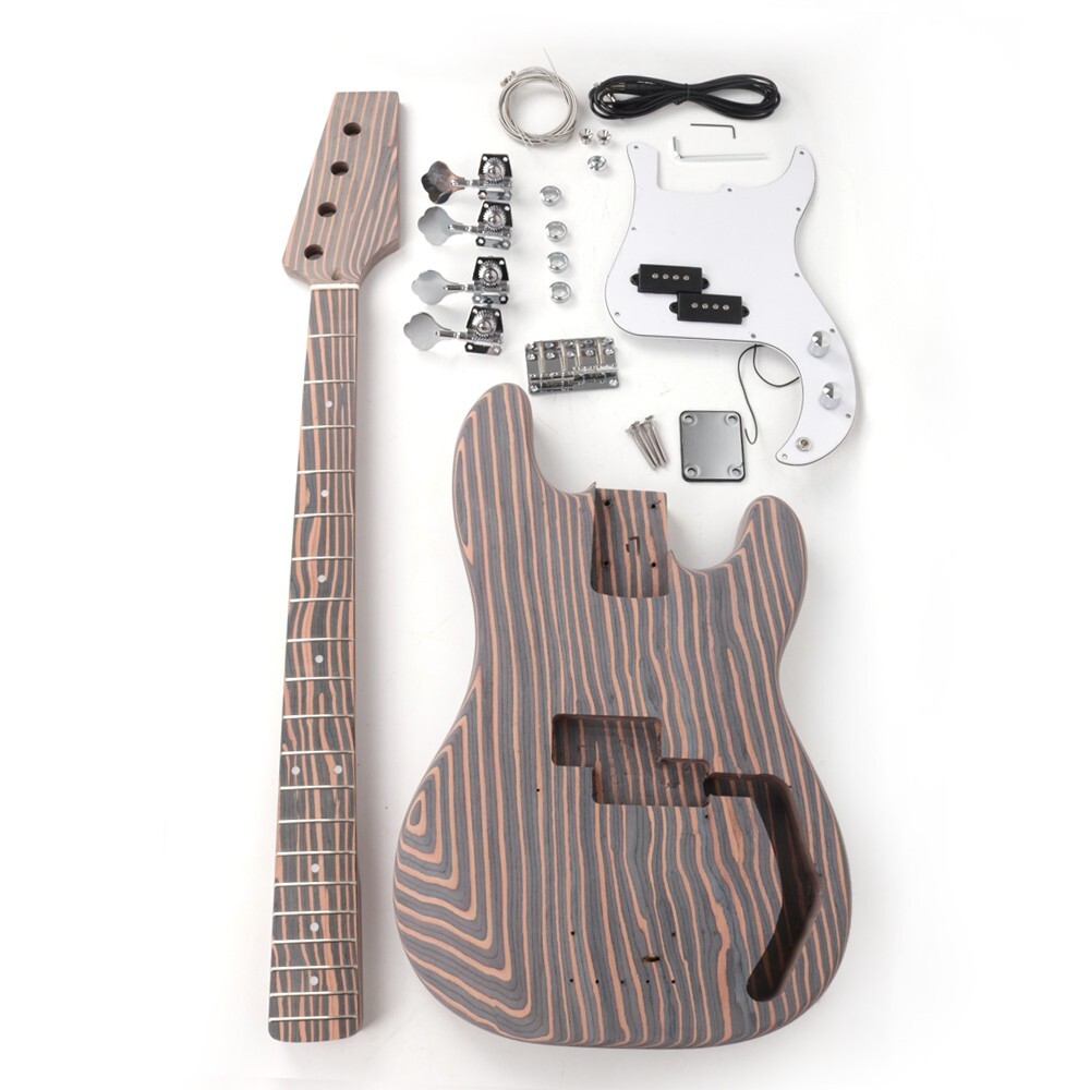 DIY Electric Guitar Kit Zebrawood Body P-Bass CR Hardware White Pickguard