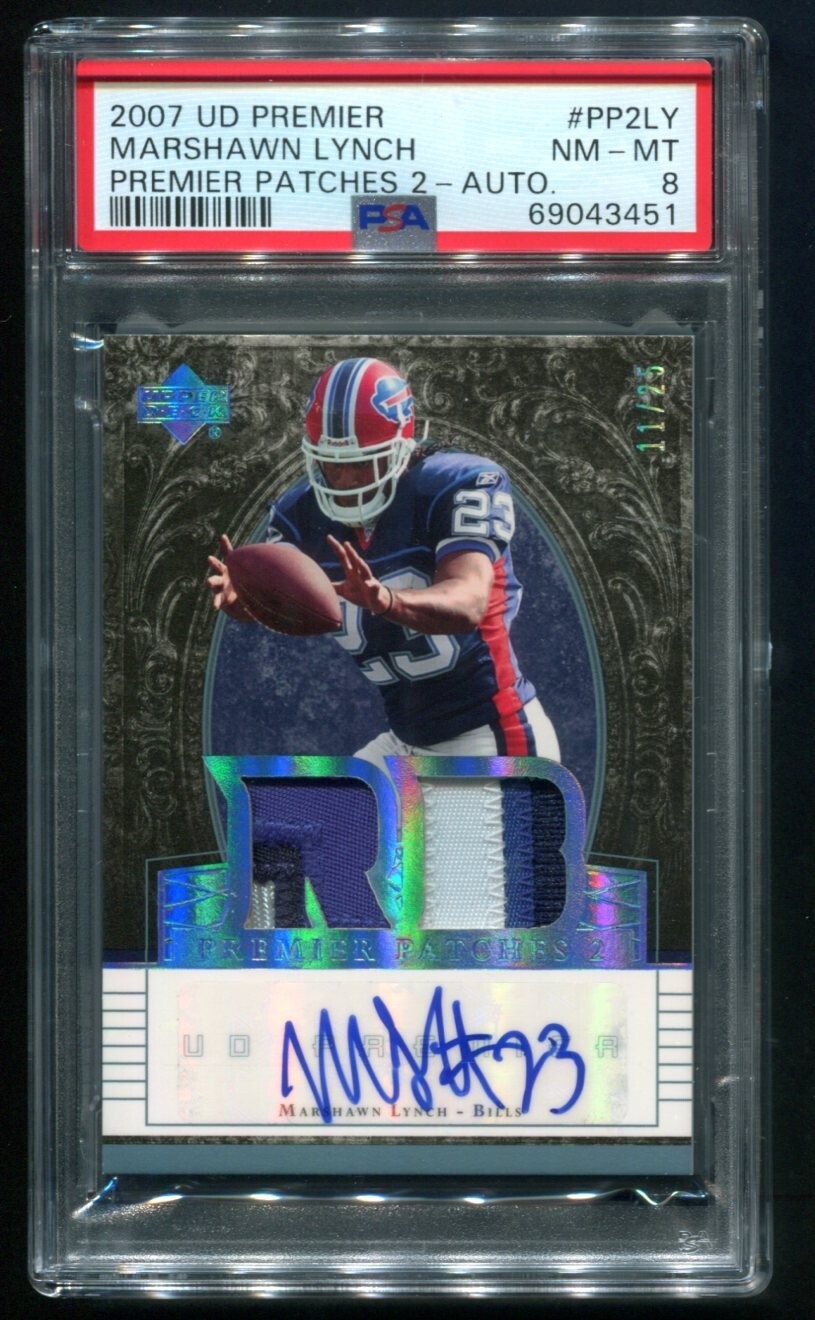 2007 UD Premier Marshawn Lynch Premier Patches 2 RC AUTO 11/25 PSA 8 NM-MT