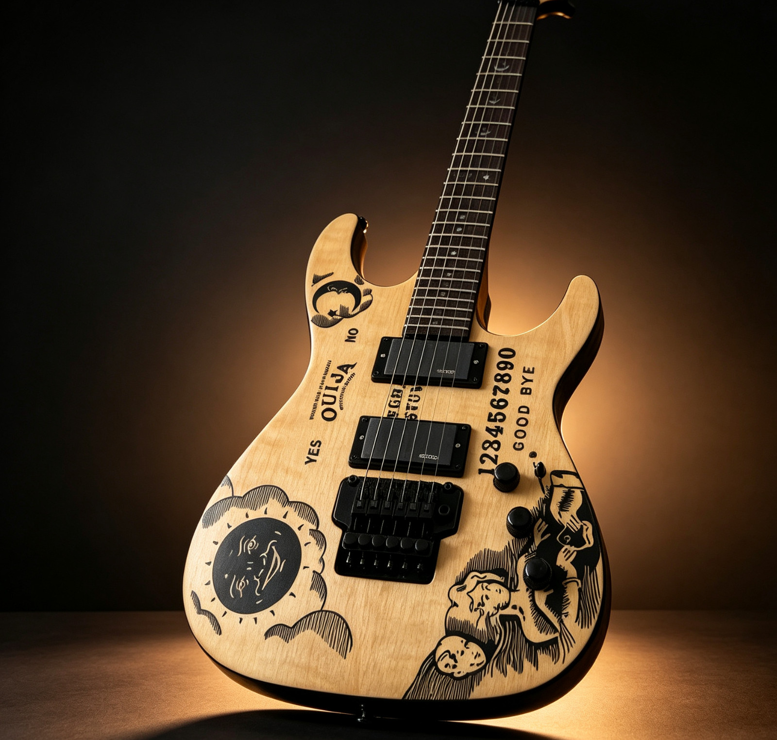 Natural Wood Hand-Drawn Electric Guitar, Black White Graffiti Graphic, Double Tr
