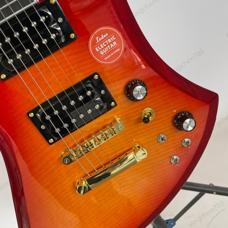 Red Burl Maple Gloss Top Solid Body Electric Guitar Active H-H Pickups Bone Nut