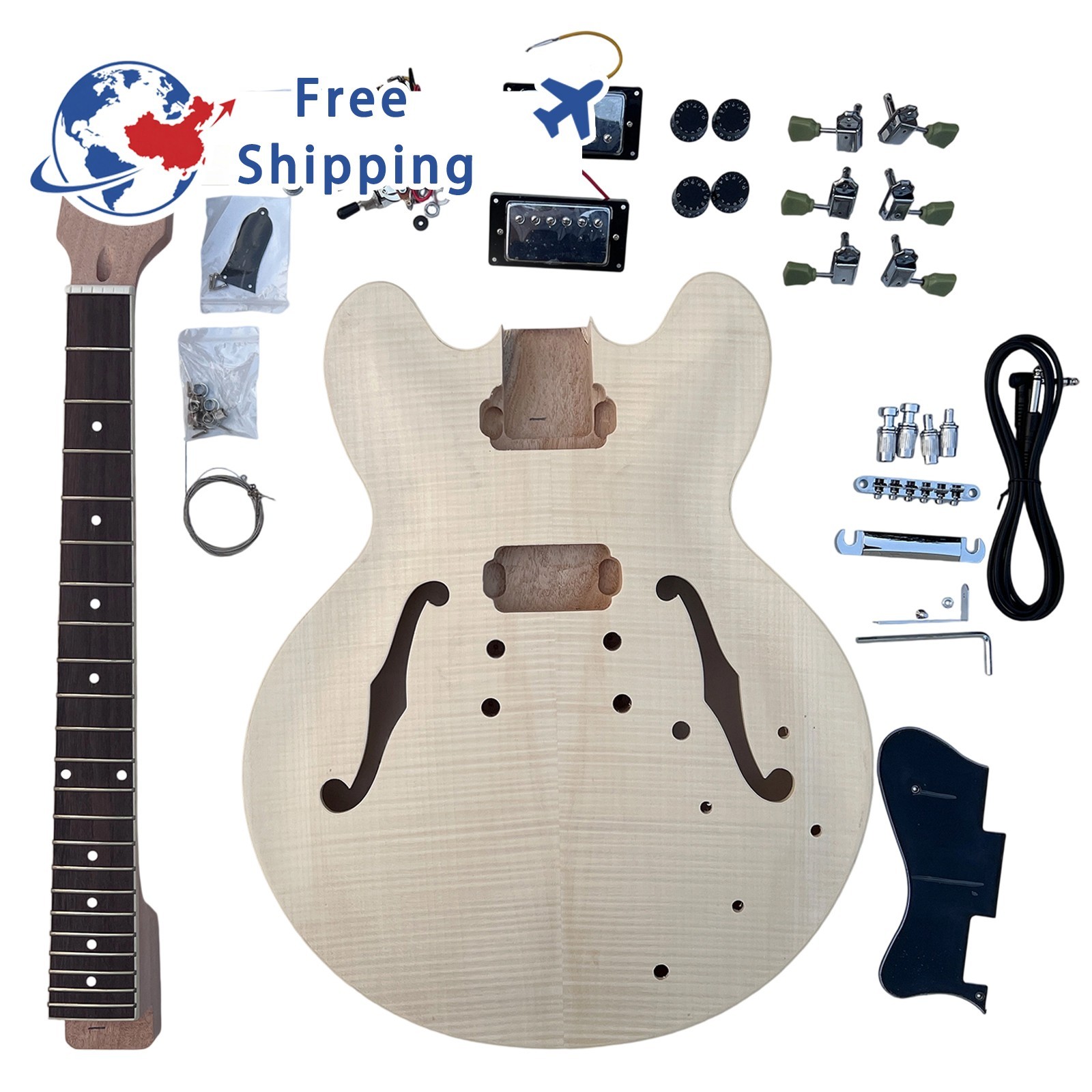 DIY Electric Guitar Kits Bone Nuts Hollow Flamed Maple Top Maple Body FREE SHIP