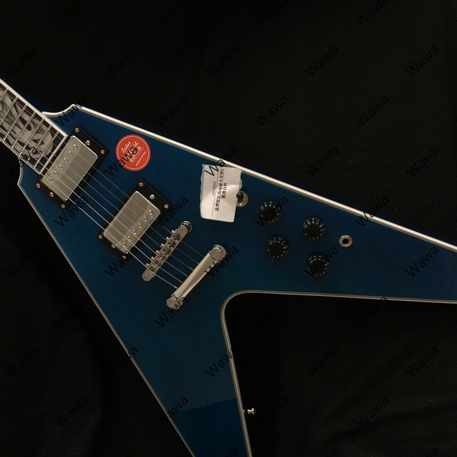 Dark Blue Abalone Vine Inlays V Electric Guitar Chrome Binding 2Humbuckers