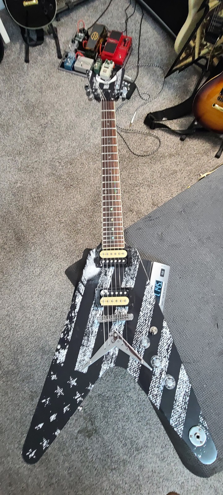 Dean V 79 Black with Custom USA Flag Guitar Skin! Great Cond, Sounds Awesome!