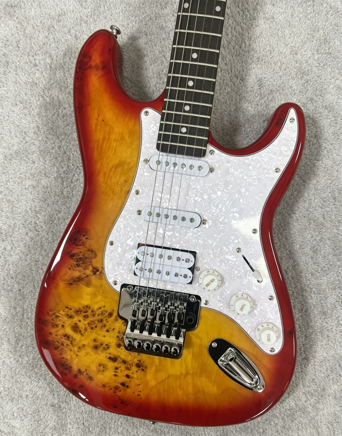 Ship US ST Style Electric Guitar Burl Maple Sunburst HSS Floyd Rose Tremolo