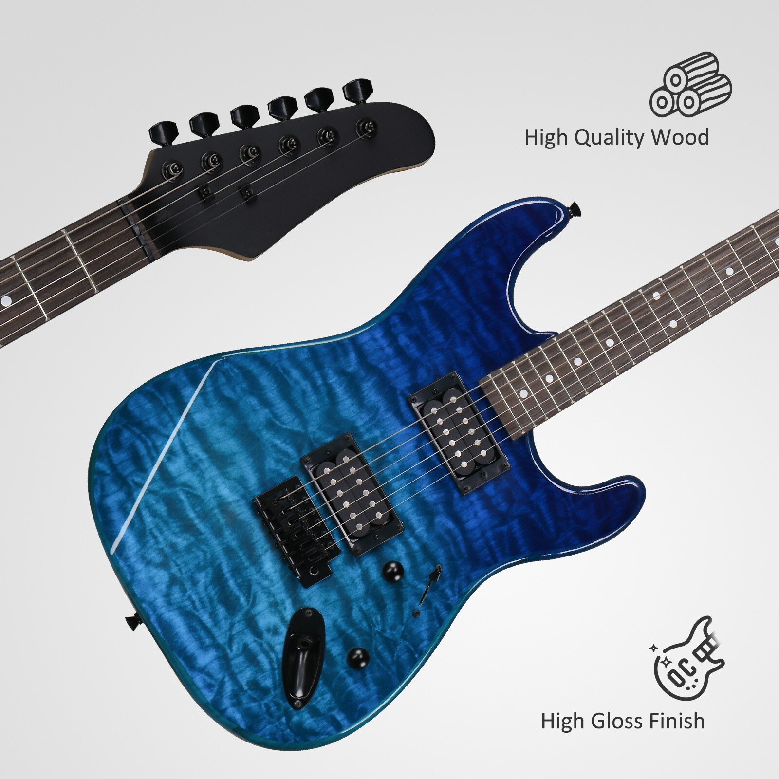 Full-Size Blue Burst Electric Guitar with Flame Maple Veneer Top and HH Pickups