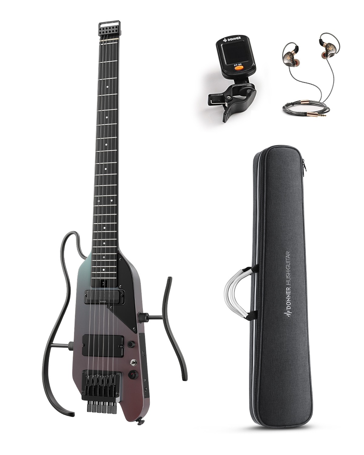 Donner HUSH X PRO Midnight Glow – Smart Travel Guitar with Tone Effects Set