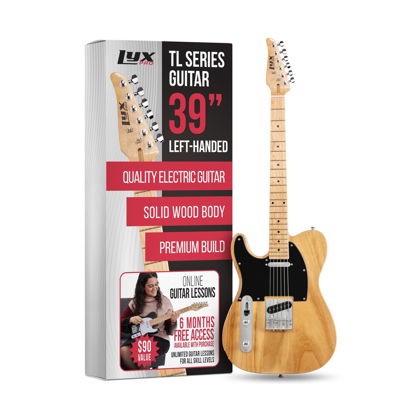 LyxPro 39” Electric Guitar Left Hand TL Series, Full-Size Paulownia Wood B