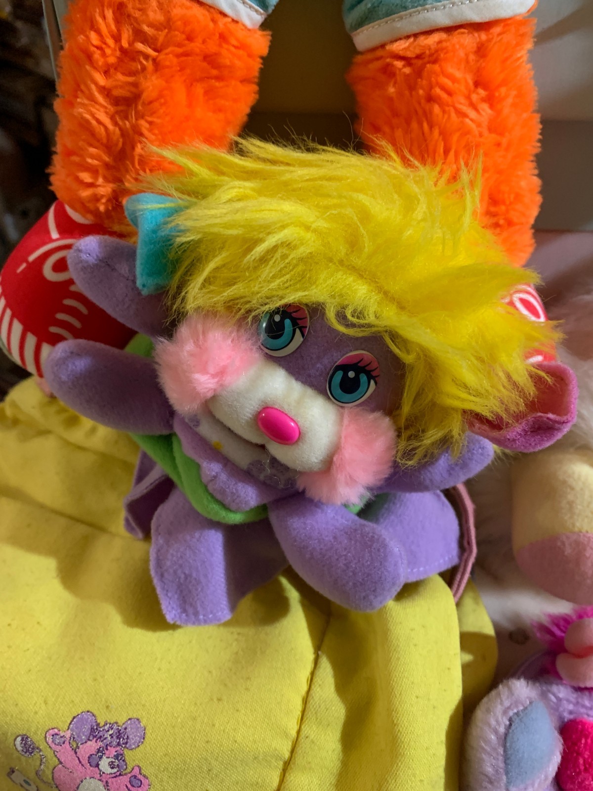 VINTAGE LOT toy DOLL POPPLES BAG MATTEL 1986-87 chips YELLOW BASKET PINK PURPLE
