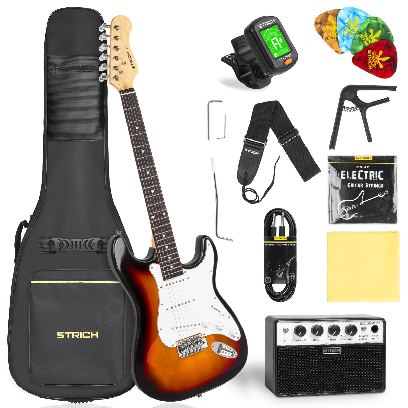 STRICH Electric Guitar Beginner Kit Full Size Guitar SST-S10 Sunburst Pick Up