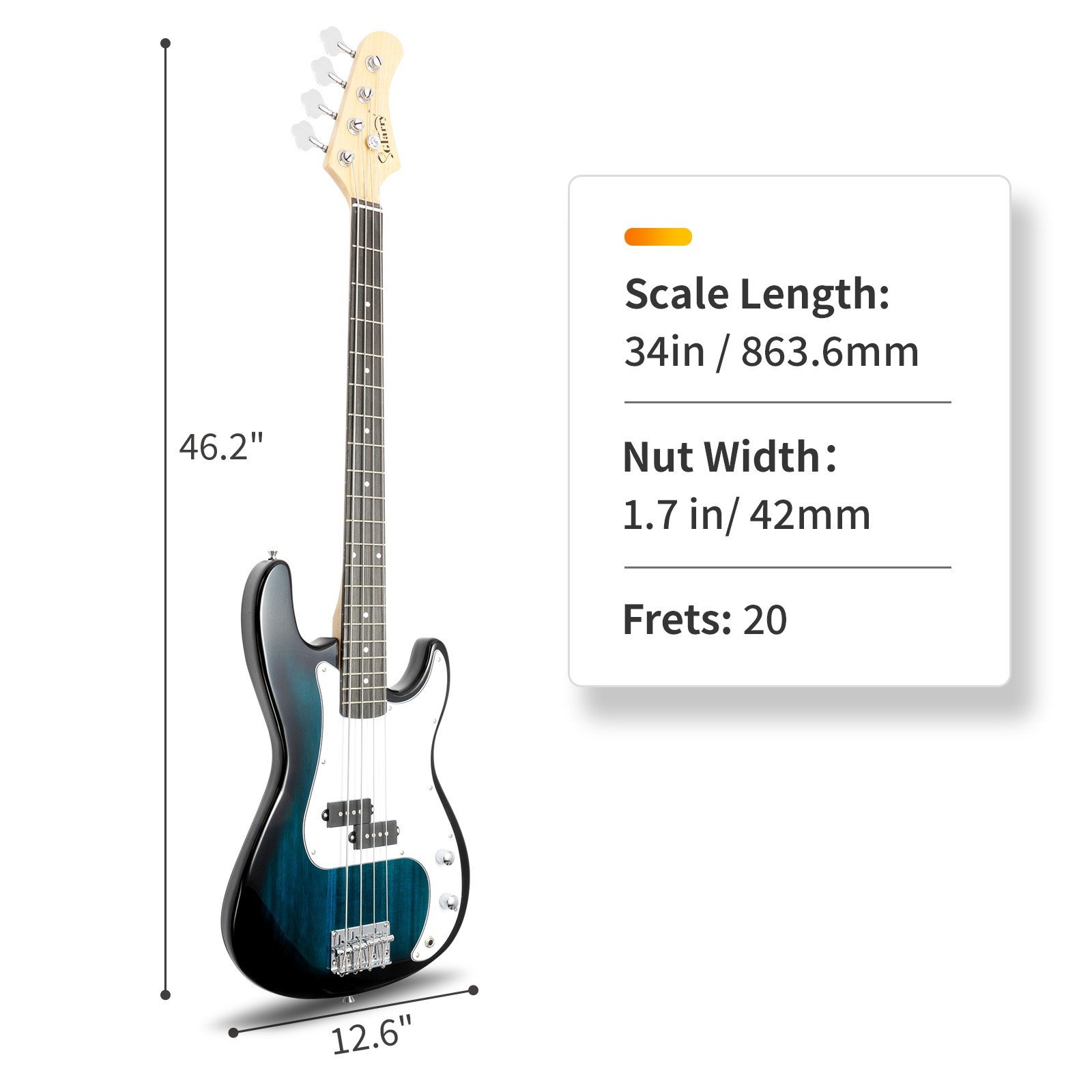 US 45″ Blue Electric Bass Guitar 4-Strings Full Size W/ Bag Strap Pick Cable