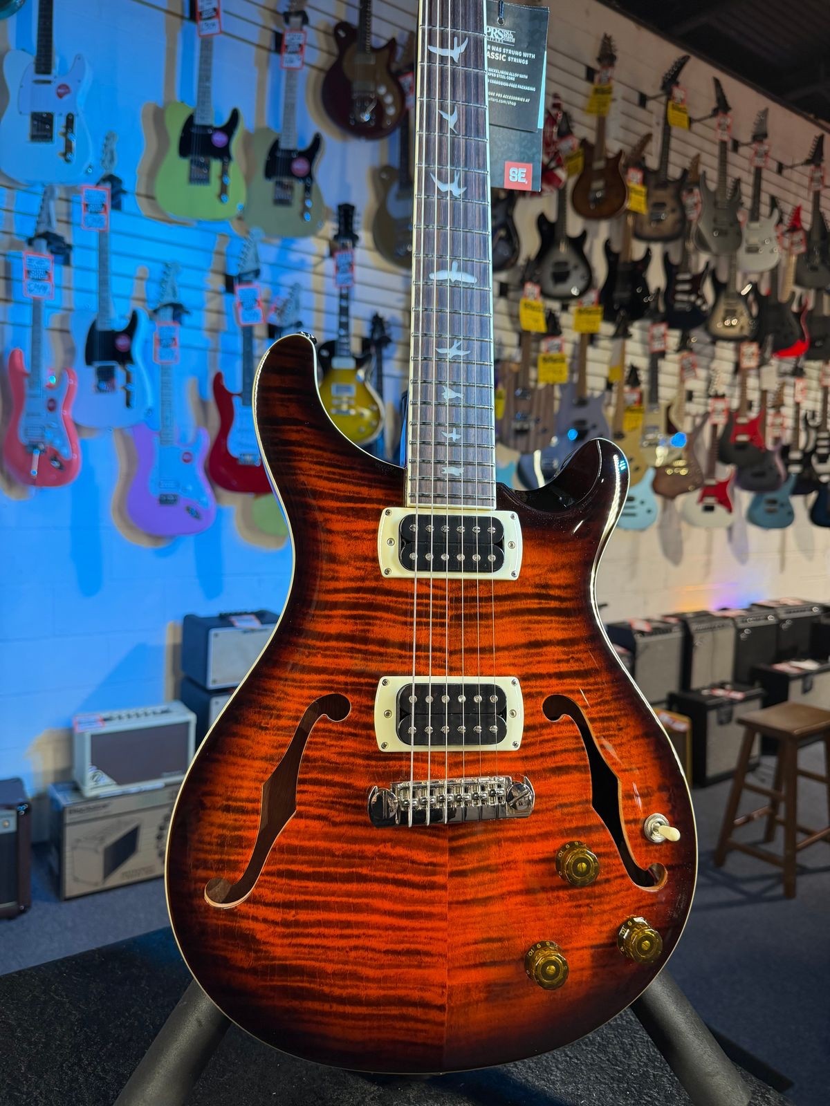 PRS SE Flat Back Hollowbody I Piezo Orange Tiger Smokeburst 465