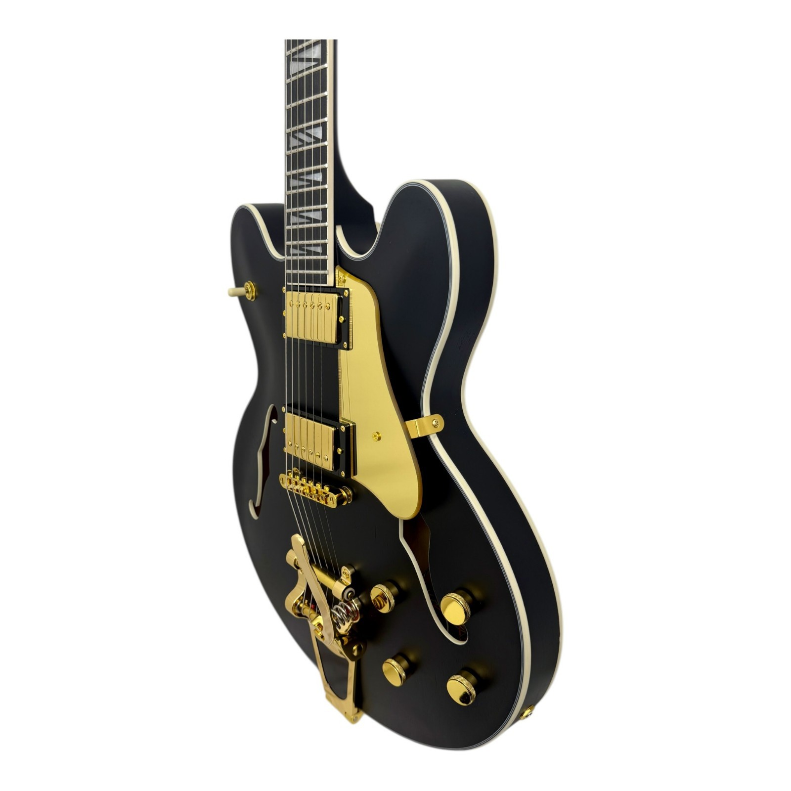 Haze SEG1975BK Nightshade Semi-Hollow Electric Guitar Black Gold w/ Vibrato Bar