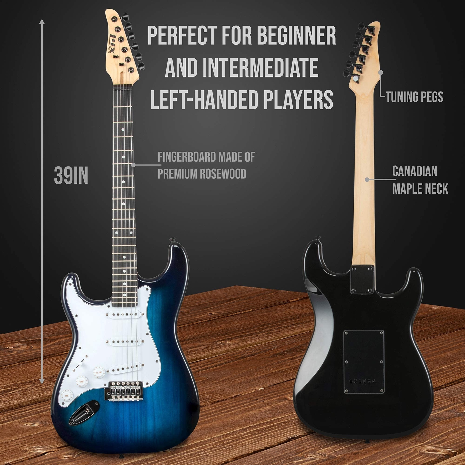 LyxPro Left Handed 39” Electric Guitar & Electric Guitar Accessories, Blue