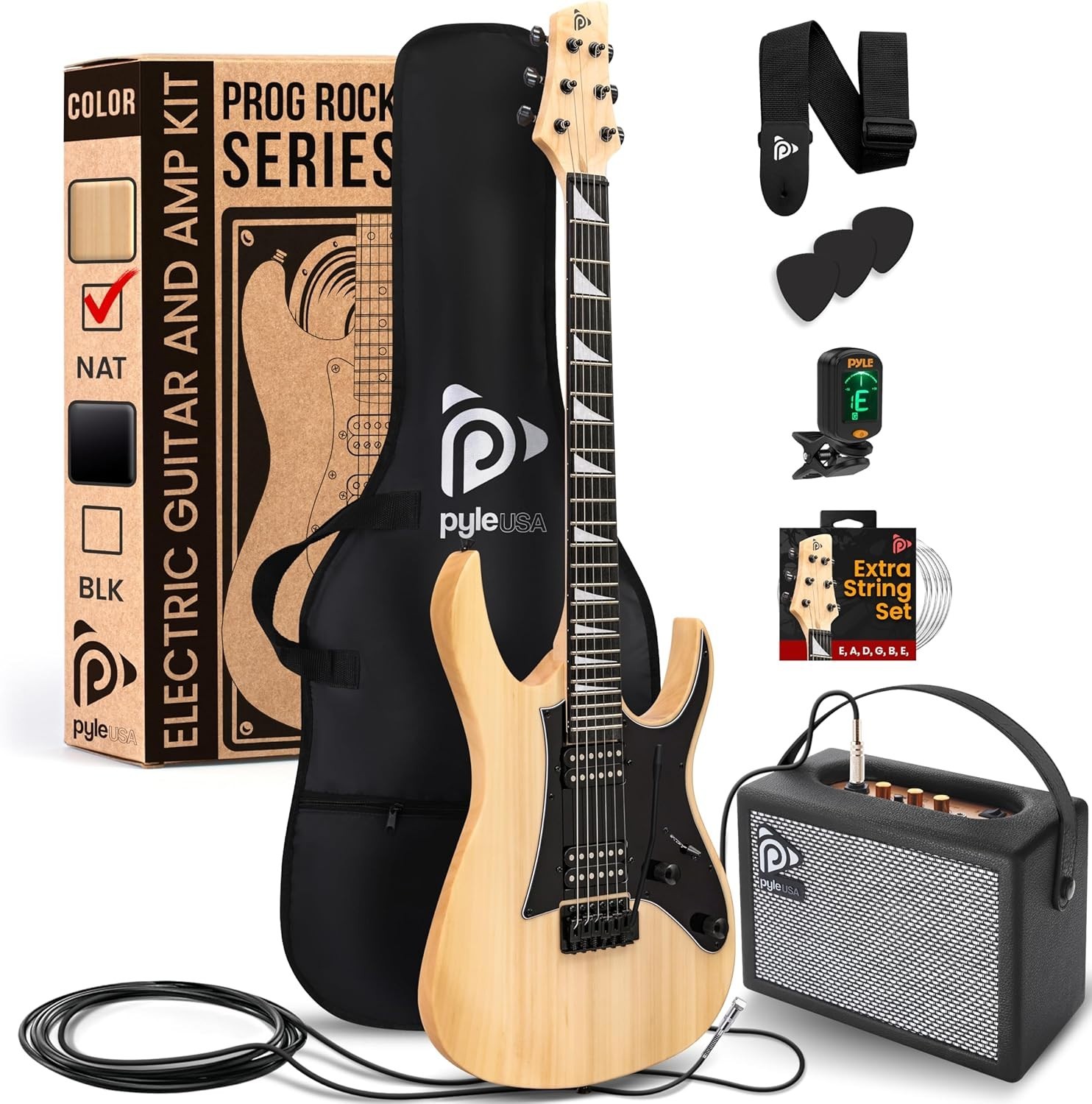 Pyle Prog Rock EG Series Electric Guitar w/ Amp Kit, 39″ Full Size (Natural)