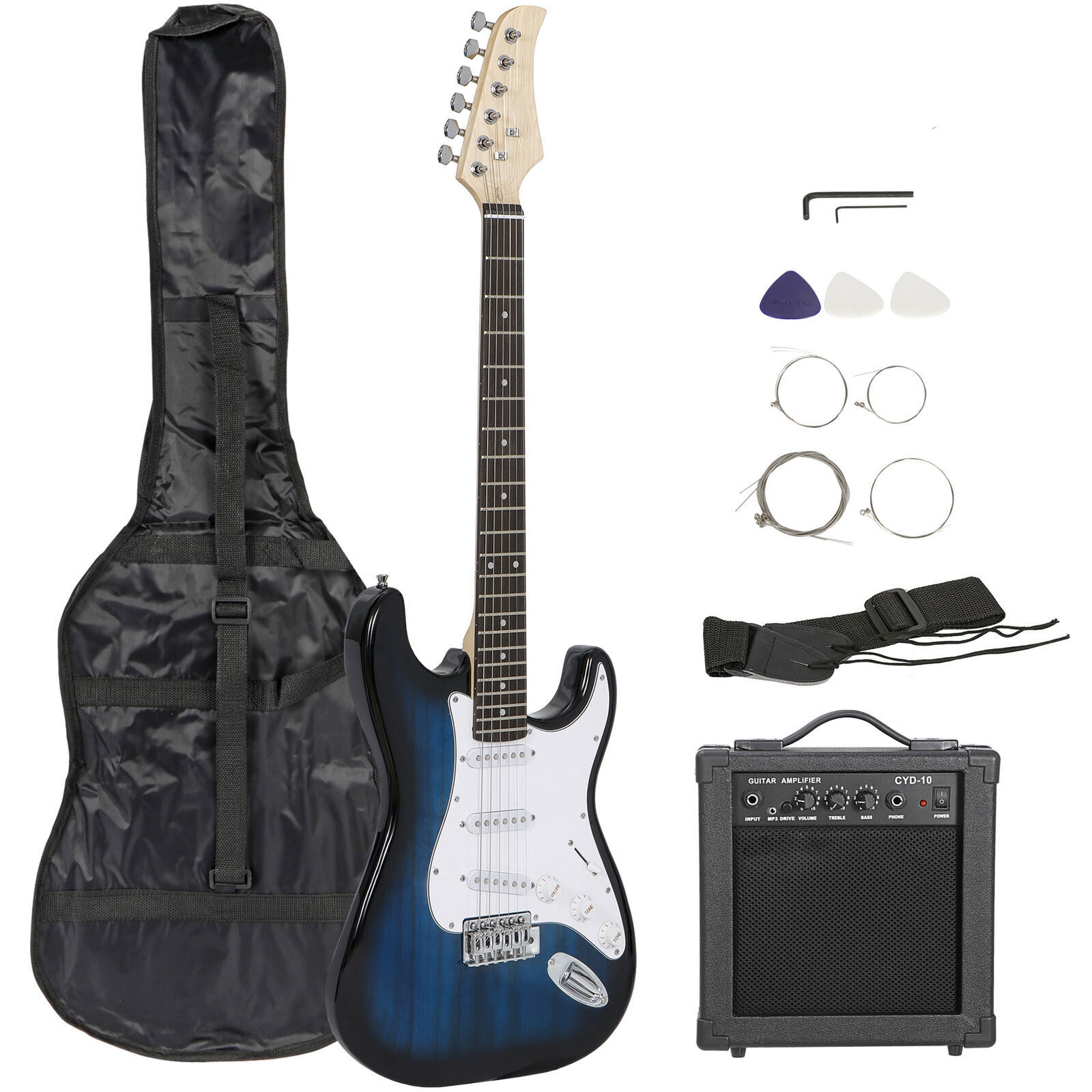 39″ Beginners Electric Guitar with 10W Amp Gig Bag Case Guitar Strap Blue